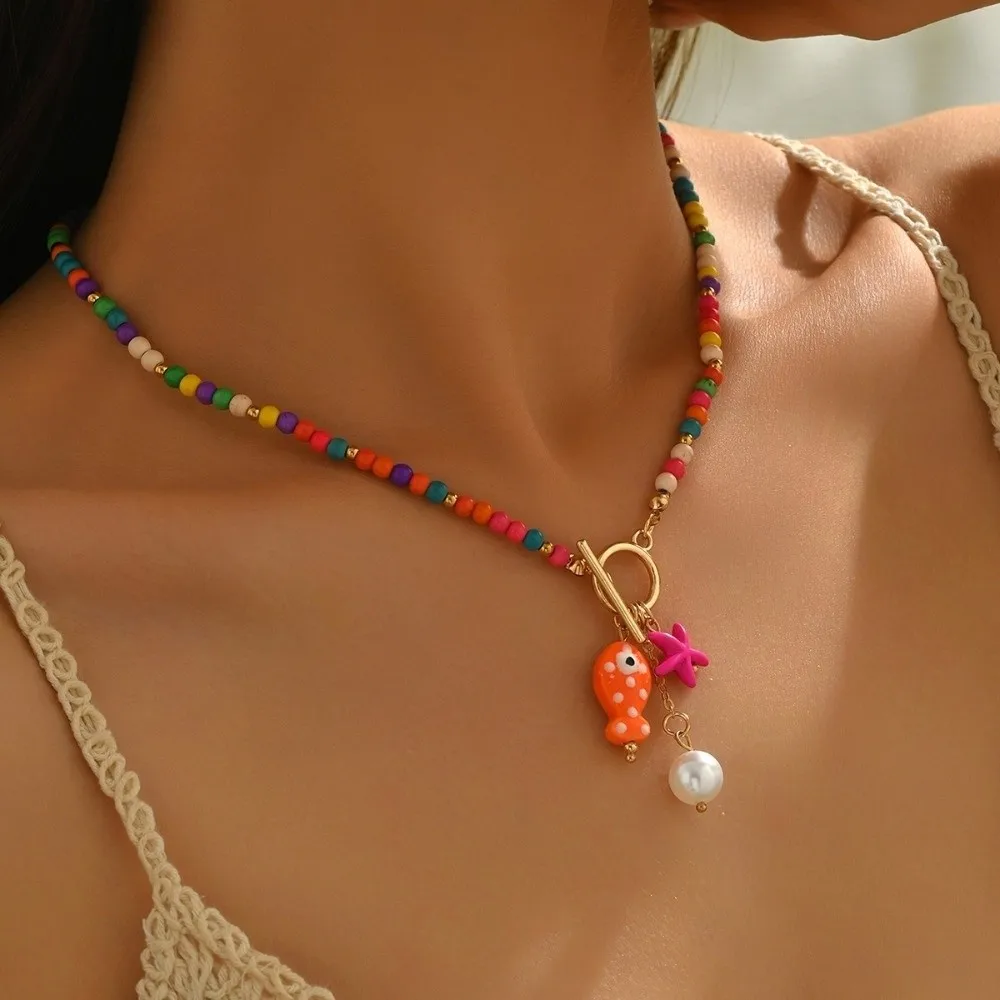 Adjustable Bohemian Starfish Pendant Necklace OT Buckle Rainbow Color Beads Ceramic Fish Clavicle Chain Sea-Inspired Design