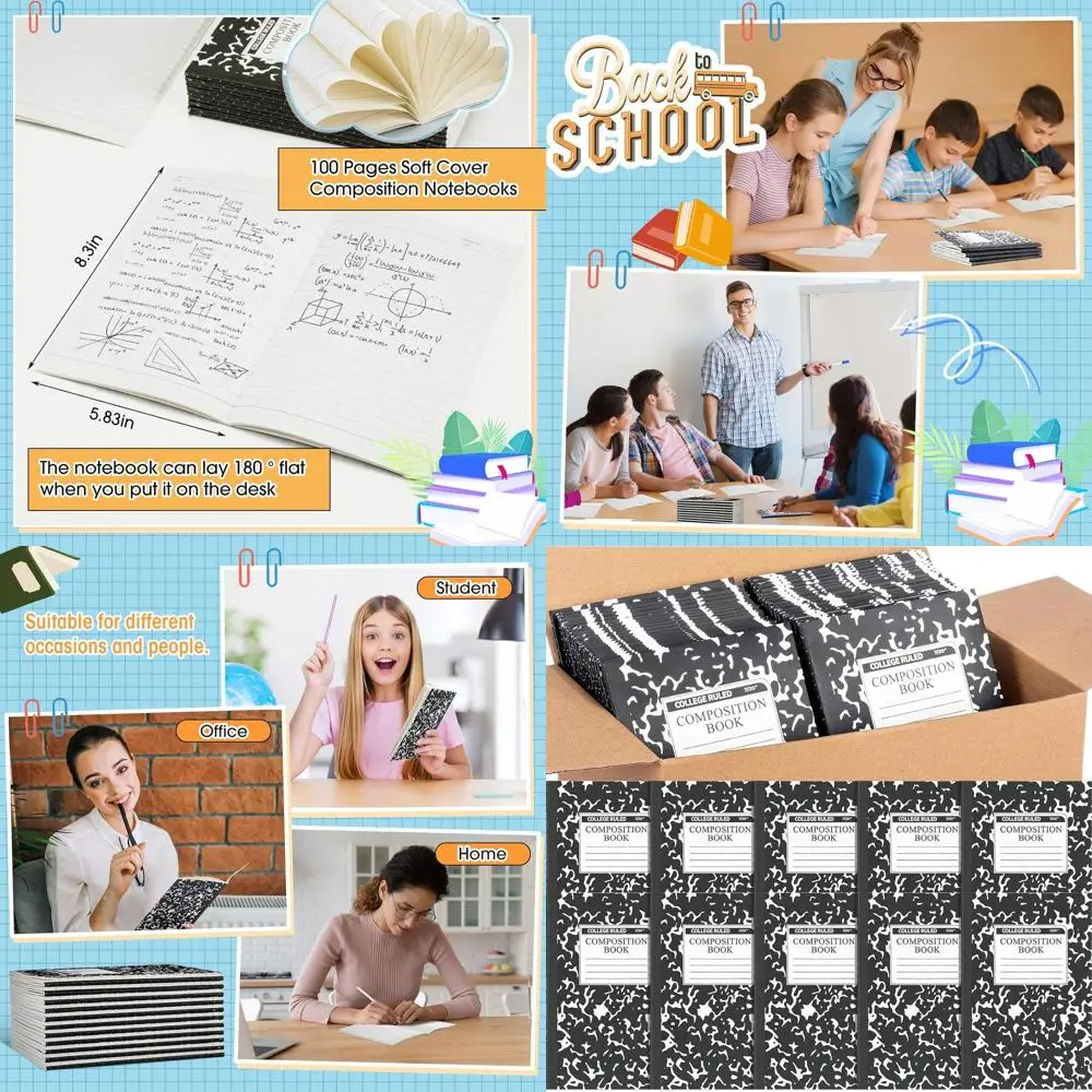 

200-Count A5 Marble-Covered Notebooks, Wide Ruled for School and Office Use (Black)