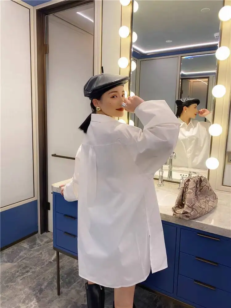 WHTREND قميص أزرق للنساء أنيق BF نمط فضفاض كبير الحجم كم طويل تصميم قمصان متوسطة الطول WH1696 #5