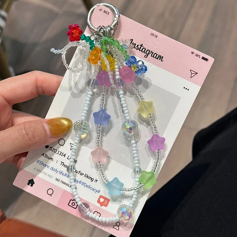 

Fashionable Dopamine Color Beaded Flower Phone Chain Stylish Versatile Short Double-layered Crystal Phone Lanyard Keychain
