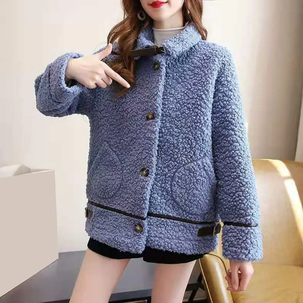 Lamb Wool Outerwear Stylish Winter Women's Coat with Plush Pockets Belt Decor Warm Windproof Jacket for Cold Weather for Women