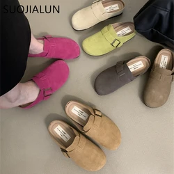 SUOJIALUN 2024 Spring New Brand Women Slipper Shoes Round Toe Slip On Mules Shoes Fashion Flat Heel Casual Flat Slides Shoes