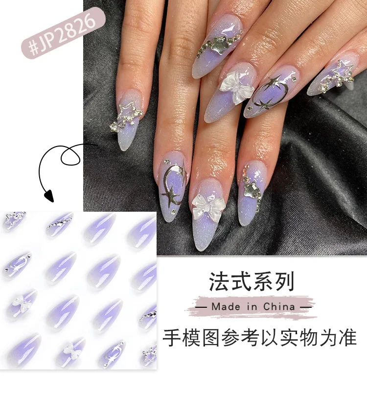 Wearable Silver Stripes Long Almond Nails Fake Y2k Nails Press On False Nails Stars Diamond Decoration Purple Nail Tips Finished