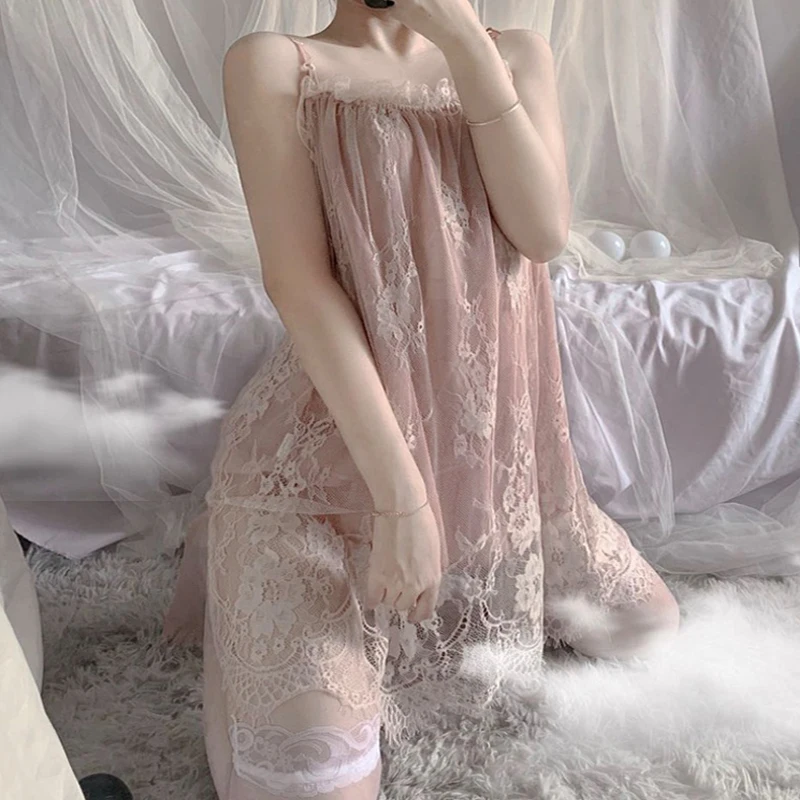 Fashion Sexy Lace Chiffon Camisole Pajamas Nightgown Womens Sleepwear Lingerie Lace Nightdress Spaghetti Strap Sleeping Dress