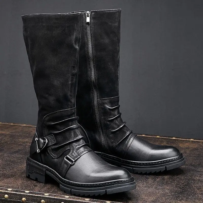 Men Medieval Retro Leather Motorcycle Boots Middle Age Knee-High Boots Victorian Renaissance Cosplay Shoes Tactical Cowboy Boots