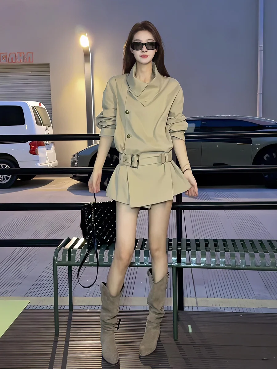 

Kaki Color Short Style Women's Windbreaker Coat Slimming Effect British Style Design Spring Autumn Season Fashion Outerwear