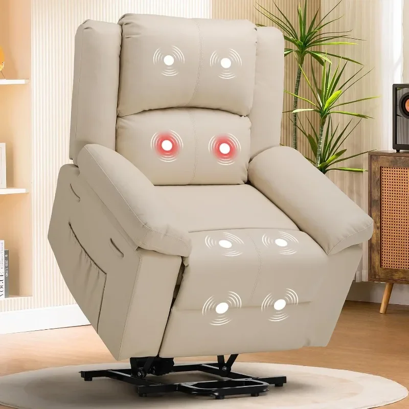 Power Lift Recliner for Elderly, Chair with Heat and Massage，PU Sofa 2 Side Pockets Infinite Position Living Room, White