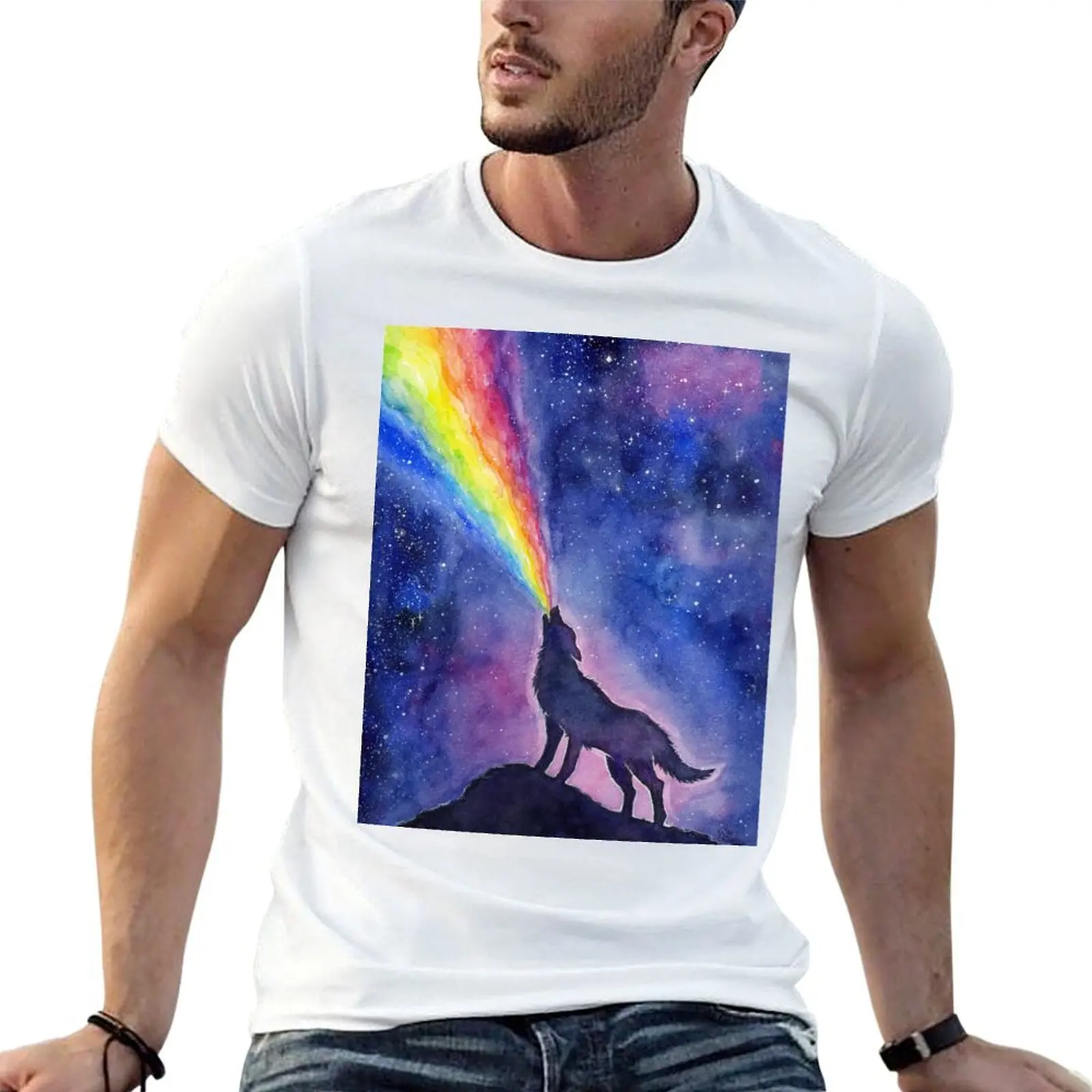 

Wolf Howling Rainbow in Space T-Shirt t shirts for man pack white funny t shirts dark humor man t shirt heavy cotton T-shirt