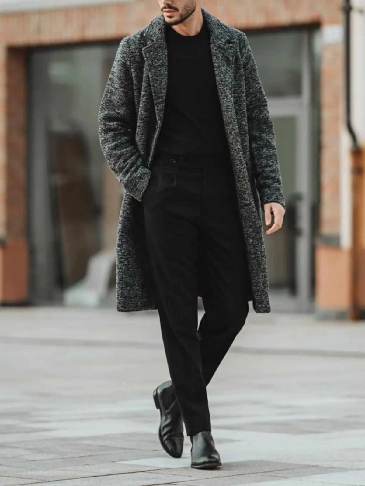 Gray Slim Fit Casual Men's Coat Middle Length Woolen Material Winter Fashion Youthwear Simple European Style One Button Design