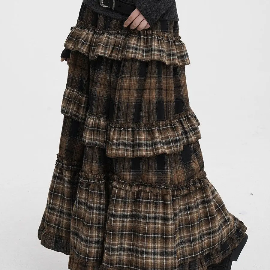Loose Fit Plaid  Skirt with Elastic Waist in Black And Grey for Women Spring Autumn Season Y2K Subculture Fashion Long Skirt
