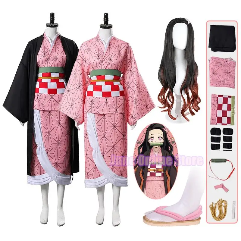 Kamado Nezuko Cosplay para adultos e crianças, trajes de anime, quimono haori, peruca, terno tamancos, Halloween