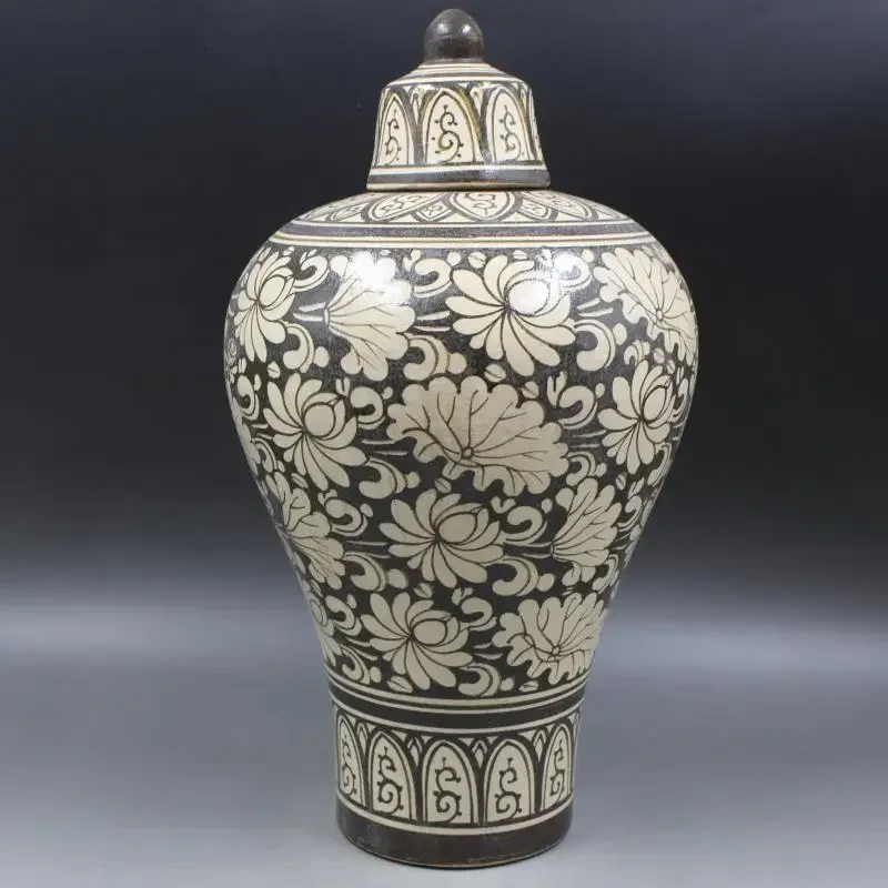 Jarrones de cerámica Vintage de arcilla, jarrones chinos de flores negras y Beige, jarrón raro de porcelana china antigua de la dinastía Song grande, 40Cm