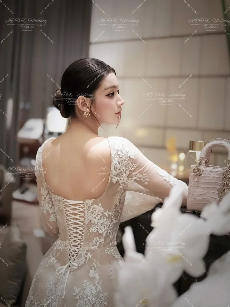 MODX Elegant Ivory Lace Mini Wedding Dress Long Sleeve Square Neck Sheer Overlay A Line Bridal Gown For Civil Ceremony Reception