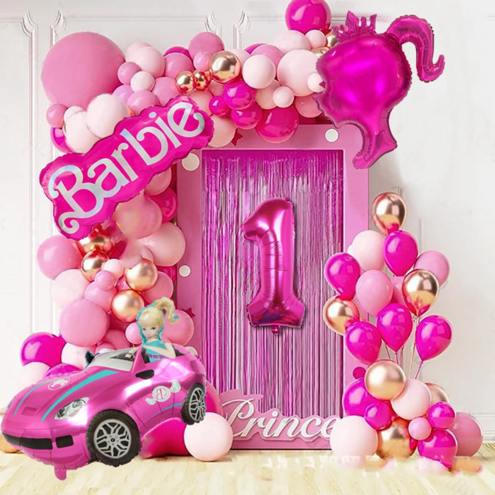 

97Pcs Barbie Pink Bow Set Garland Arch Style 32 Inch 1-9Foil Ball Latex Balloon Birthday Party Decoration ForChildren and Girls