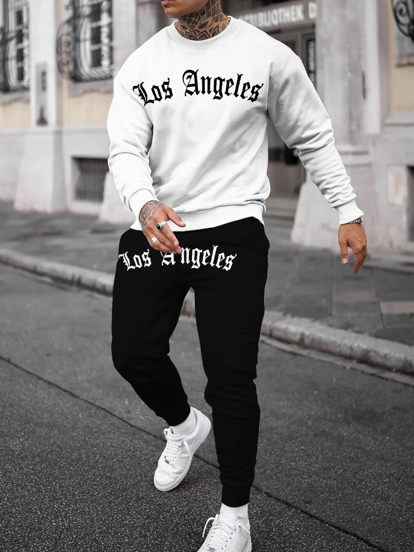 Autumn And Winter Trendy New Men\'s Loose Casual Fit Sweatshirt Sweatpants Printed Letter Hundred Long Sleeve Sweatshirt Set