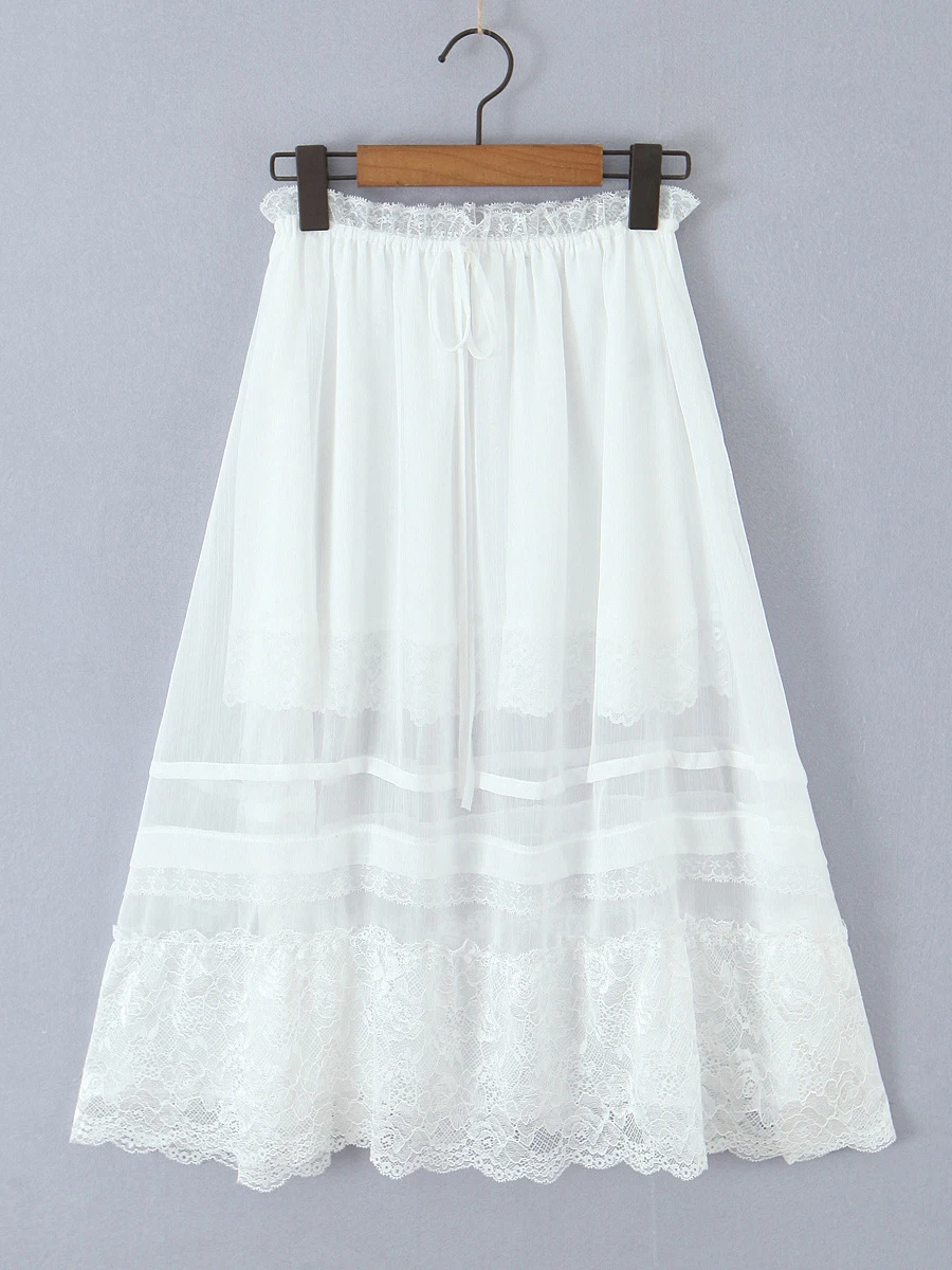 Drawstring 레이스 패치 워크 미디 스커트 여성 하이 웨스트 레이스 트림 화이트 a 라인 Faldas 여름 캐주얼 패션 우아한 짧은 스커트