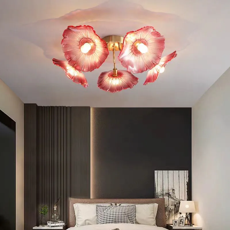 Modern Pink Flowers Chandelier Brass Metal LED Glass Ceiling Light Bedroom Luxury Medieval Lamp Home Decor Beside Hanging Light