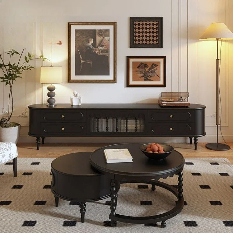 French vintage solid wood TV cabinet for living room, vintage-style black tall TVcabinet, coffeetable, home French base cabine