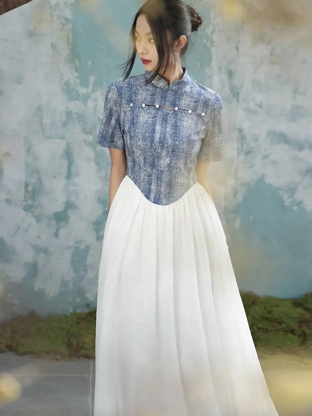 UMI MAO Nowa Chińska Sukienka Vintage Elegancka Damska Niebiesko-Biała Kontrastowa Sukienka w Linii A Imitacja Denimu Łączona Szyfonowa Długa Sukienka