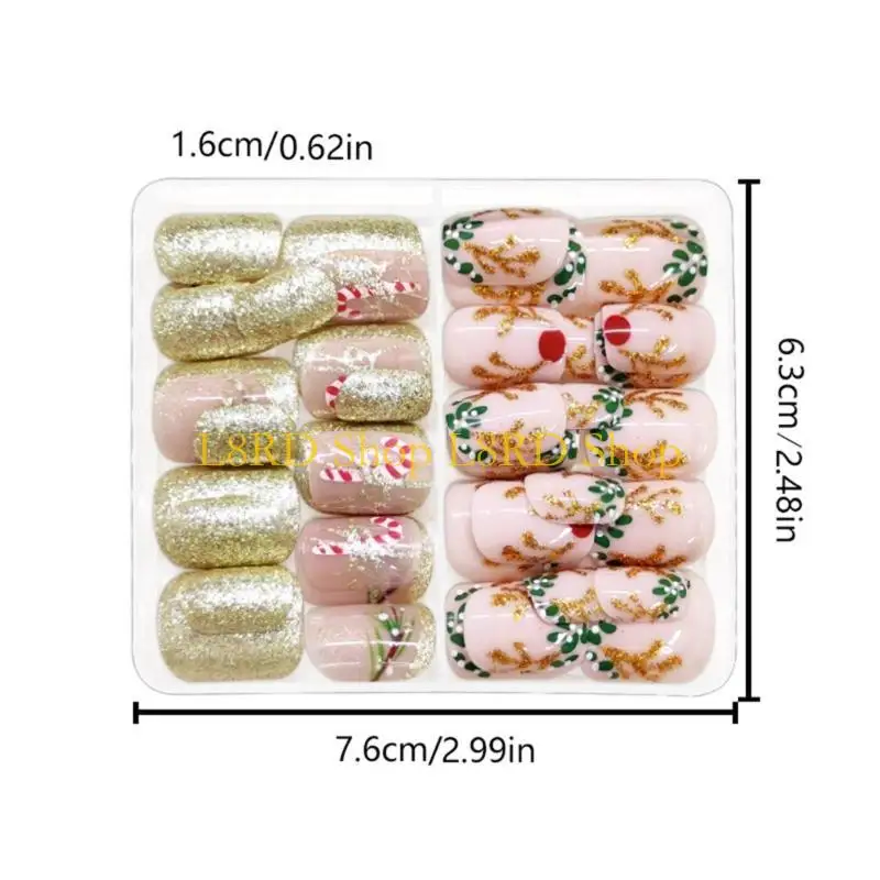 L8RD 48 Pcs Candy Cane Full Cover on Glittering False Short Square Press On Artificial