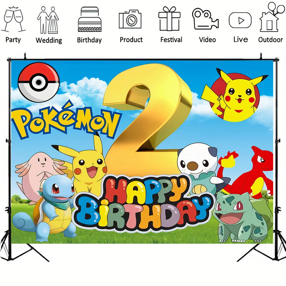 Pikachu Photo Background for Children's Birthday Party, Family Party Decoration, Cartoon Animation, Decorative Background Cloth