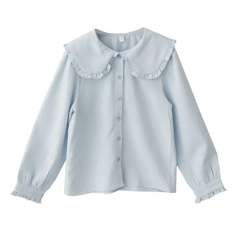 New Japanese Sweet Wood Earrings Doll Collar Shirt Loose and Slim and Versatile Long-sleeved Cardigan