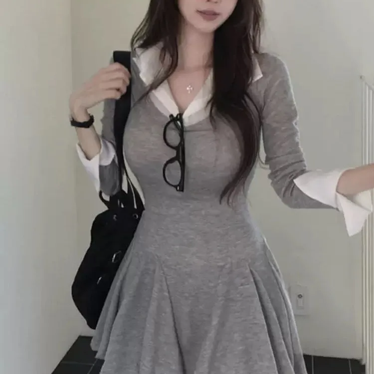 Dongda Gate nouveauté Ele col femme taille cintrée faux deux pièces Dr confortable respirant tricoté ort S...