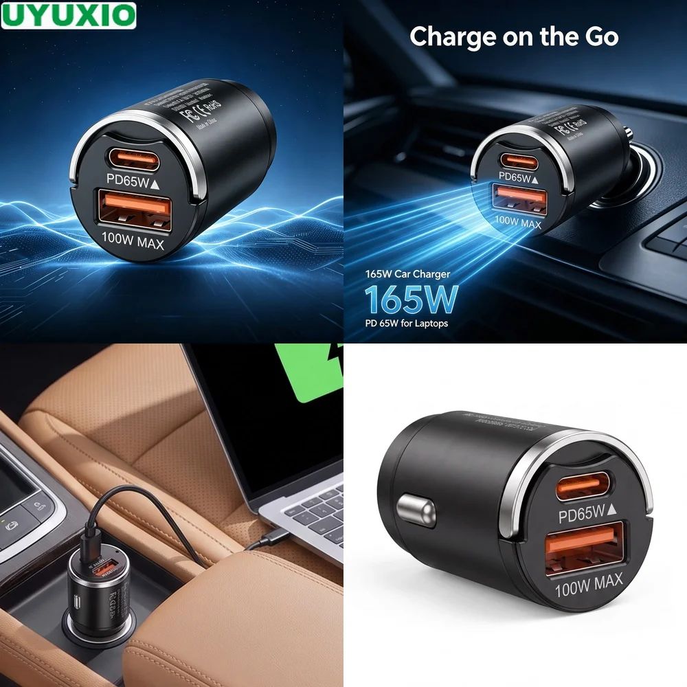 165W Vehicle Fast Car Charger PD 65W Type C and 100W USB A Power Ultra Compact Flush Mount Design for Multiple Mobile Devices