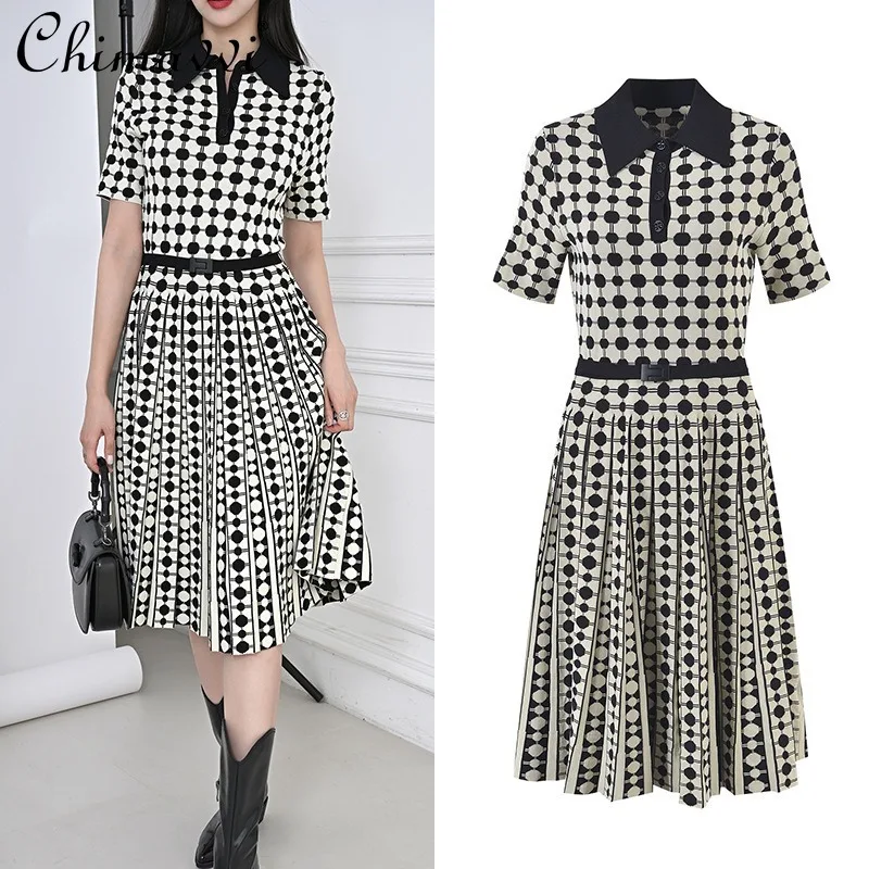 

2024 Autumn New French Fashion Waist Thin with Belt Retro Black and White Plaid Polka Dot Print Dress For Women