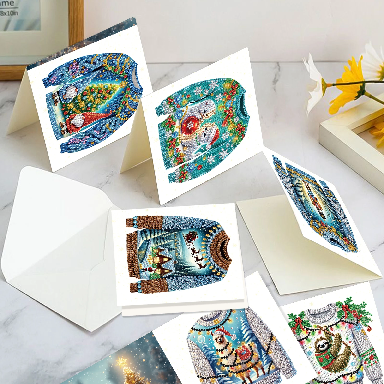 6Pcs Diamond Art Painting Greeting Cards Kit,Christmas sweaterl Handmade Festival Greeting Diamond Birthday Creative Cards Gifts