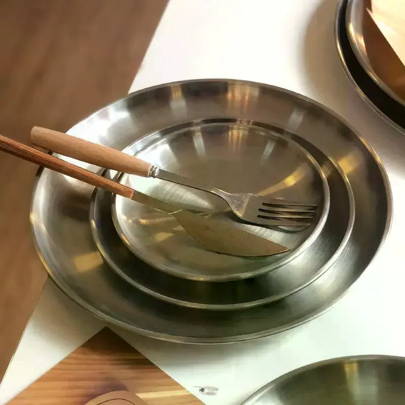 Stainless Steel Plate Korean Barbecue Plate Snack Bone Bread Plate Round Metal Cup Fruit Dessert Tray Kitchen Tool Photo Props
