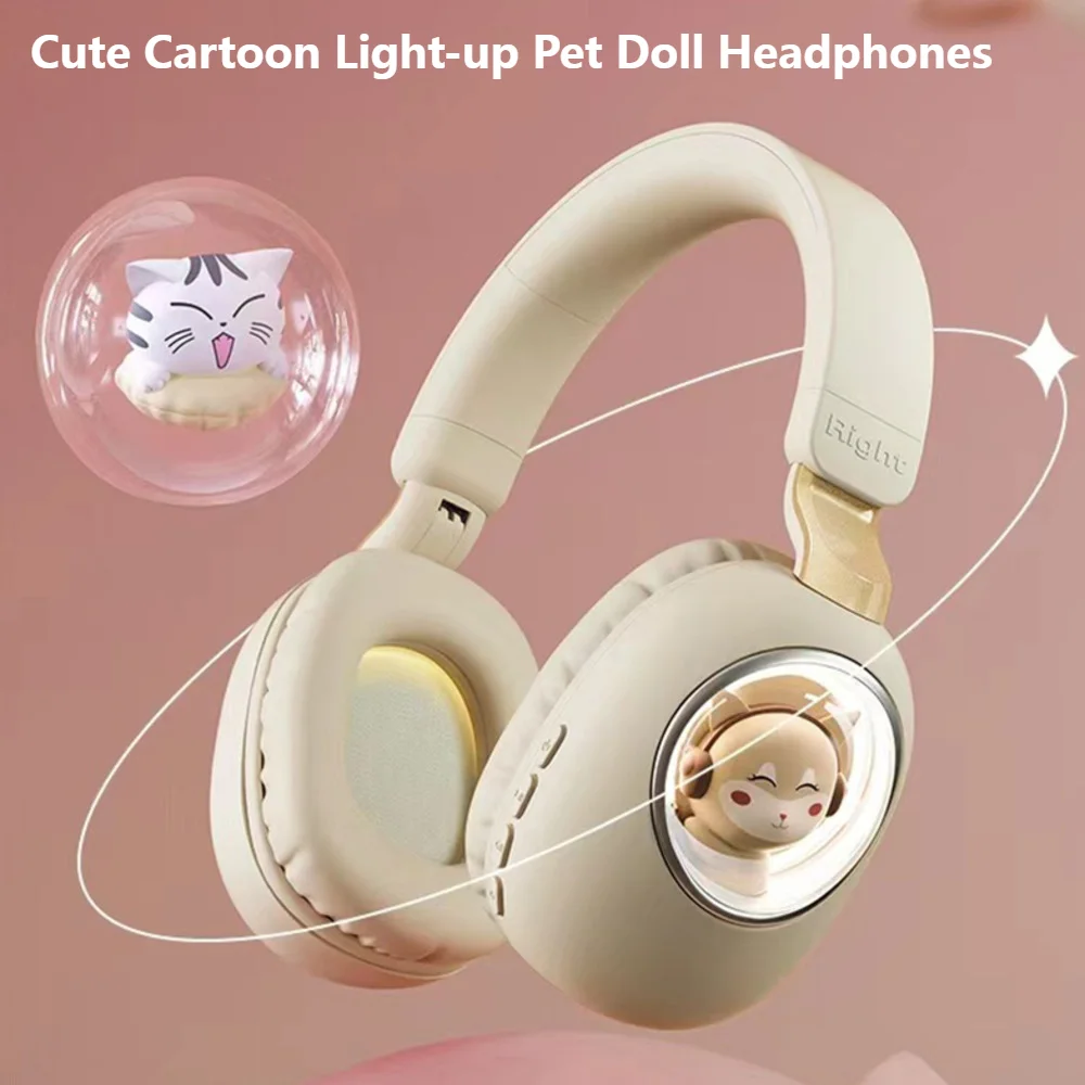 Cute Cartoon Light-up Pet Doll Headphones Comfortable Wear Bluetooth5.1 Headset Fold Design Ultra Long Endurance For Girl Gift