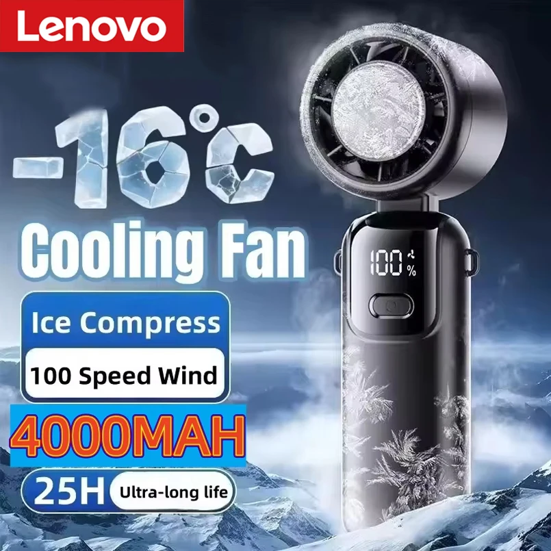 Lenovo Ice-Cooling Handheld Fan 100 Levels Portable Outdoor USB Digital Display Folding Cooling High-Speed Turbo Mini Fan