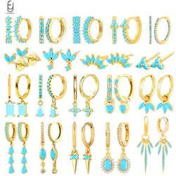 925 Sterling Silver Needle Blue Turquoise Stud Earrings for Women Luxury Blue Crystal Pendant Gold Earrings Fashion Jewelry