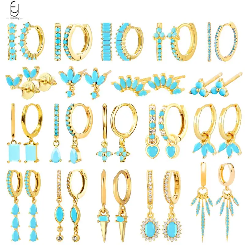 925 Sterling Silver Needle Blue Turquoise Kolczyki sztyfty dla kobiet Luksusowy niebieski kryształowy wisiorek Złote kolczyki Biżuteria modowa