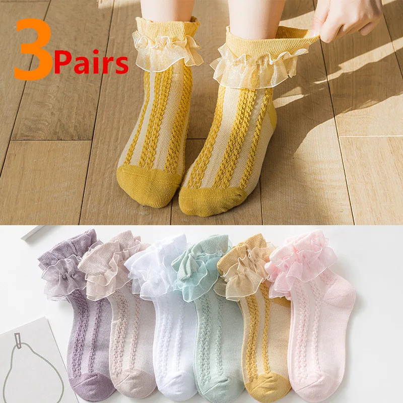 3 Pairs Girls Socks Spring Cotton Children Dance Socks Mesh Trendy Elastic White Lace Flowers Ruffle Kids Cute Princess Socks