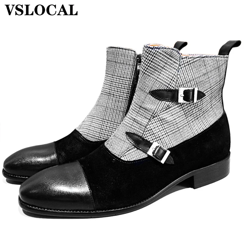 

Men Ankle Boots Shoes Black Coffee Checkered Canvas Suede Zipper Chelsea Boots Buckle Strap Dress Leather Boots For Men
