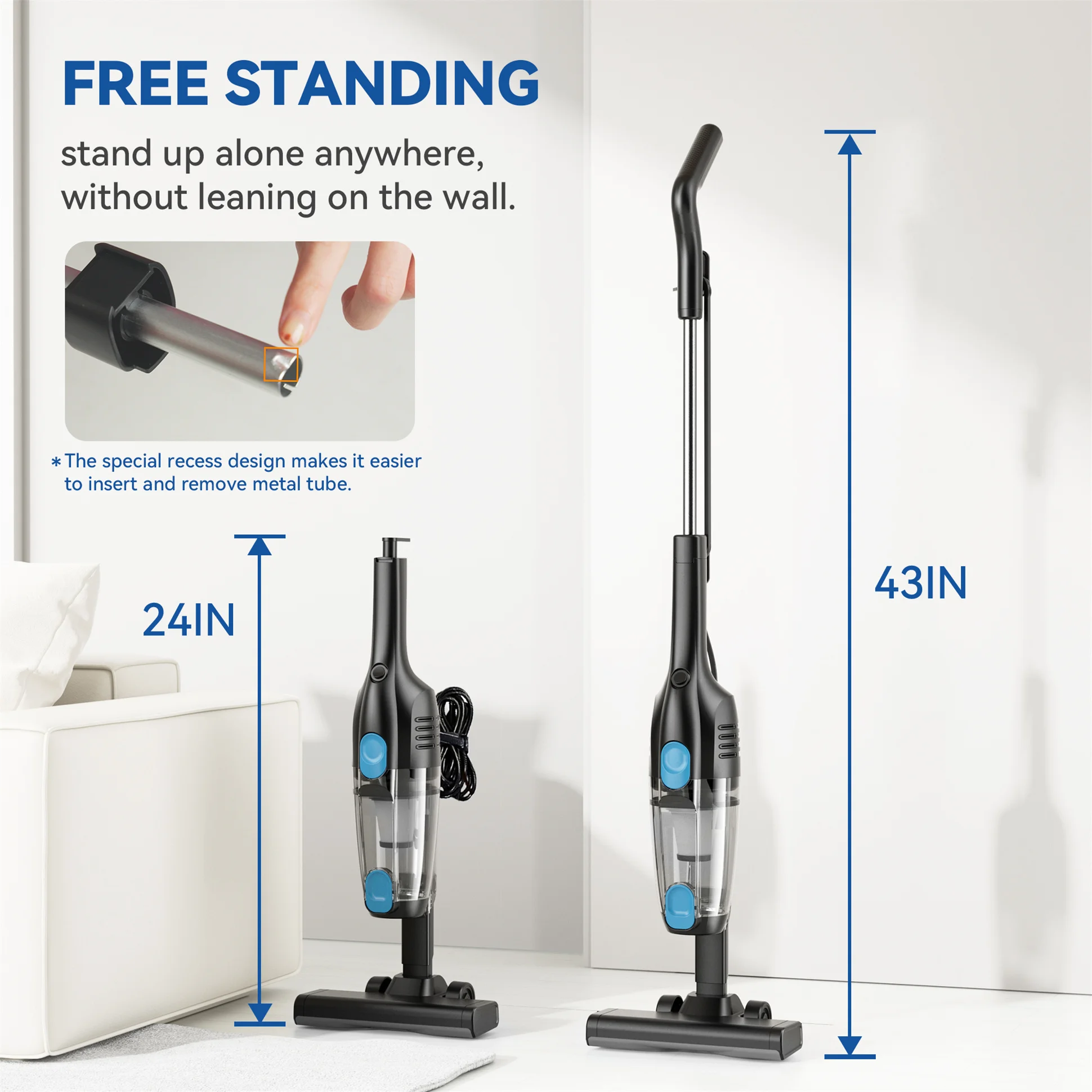 مكنسة كهربائية سلكية R6X، سلك طويل 5 أمتار 3 في 1 مكنسة كهربائية سلكية خفيفة الوزن تستقيم لتنظيف المنزل