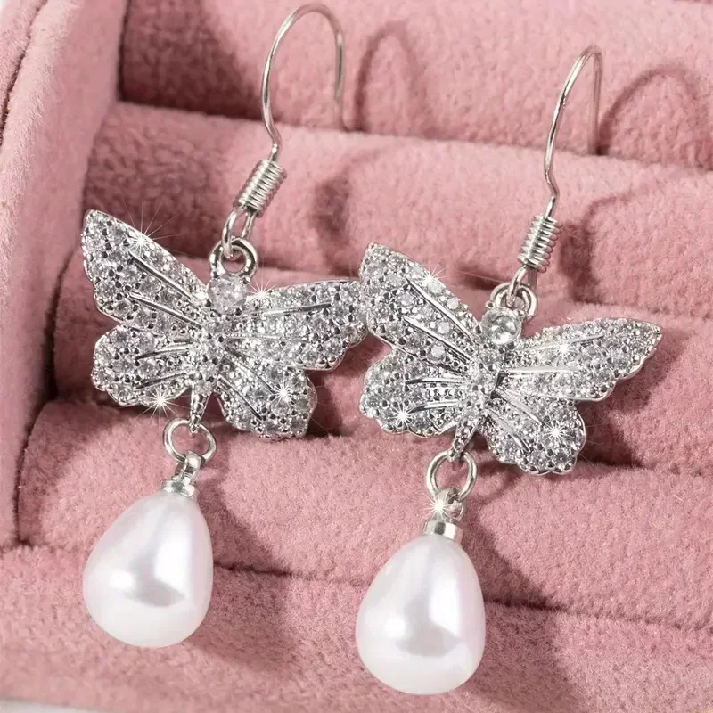 2025 New High End Immortal Qi Cube Zirconia Earrings, Clear Cold Wind Butterfly Pearls, Bridal Wedding Jewelry and Accessories