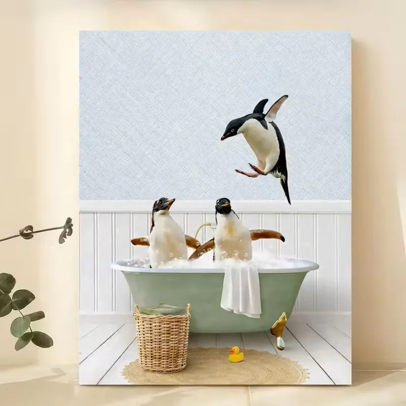 

Penguin Bathing Canvas Poster Decorative Art in Modern Retro Style Suitable for Office, Bathroom and Living Room Home Decoration