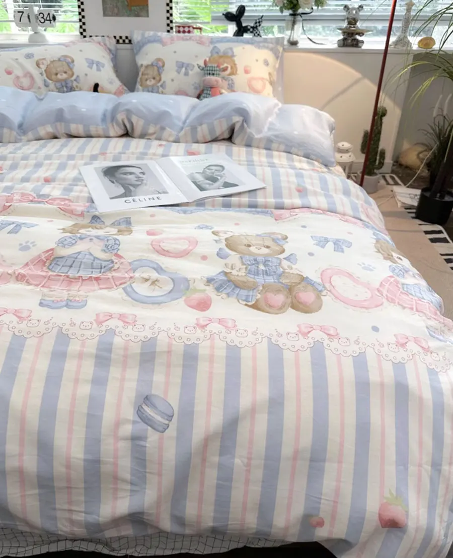 Cute cartoon girl bear bow blue pink stripes bedding set,twin full queen cotton home textile bed sheet pillow case quilt cover