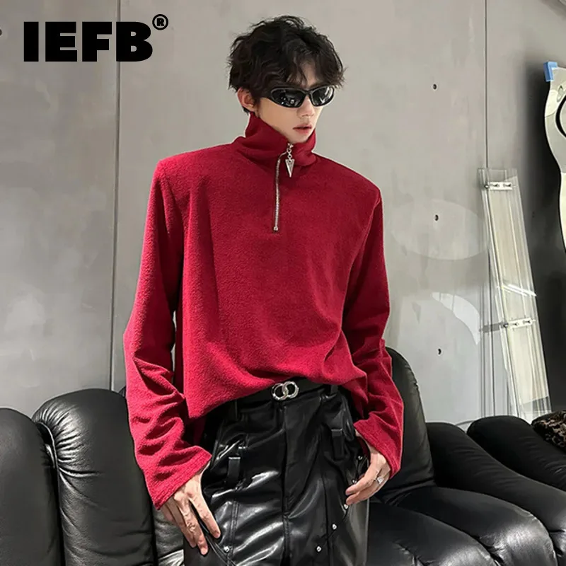 IEFB Spring Men's T-shirts Half Zipper Design Casual Mock Neck Shoulder Pads Tops Long Sleeve Solid Color Loose Male Tees 9W222