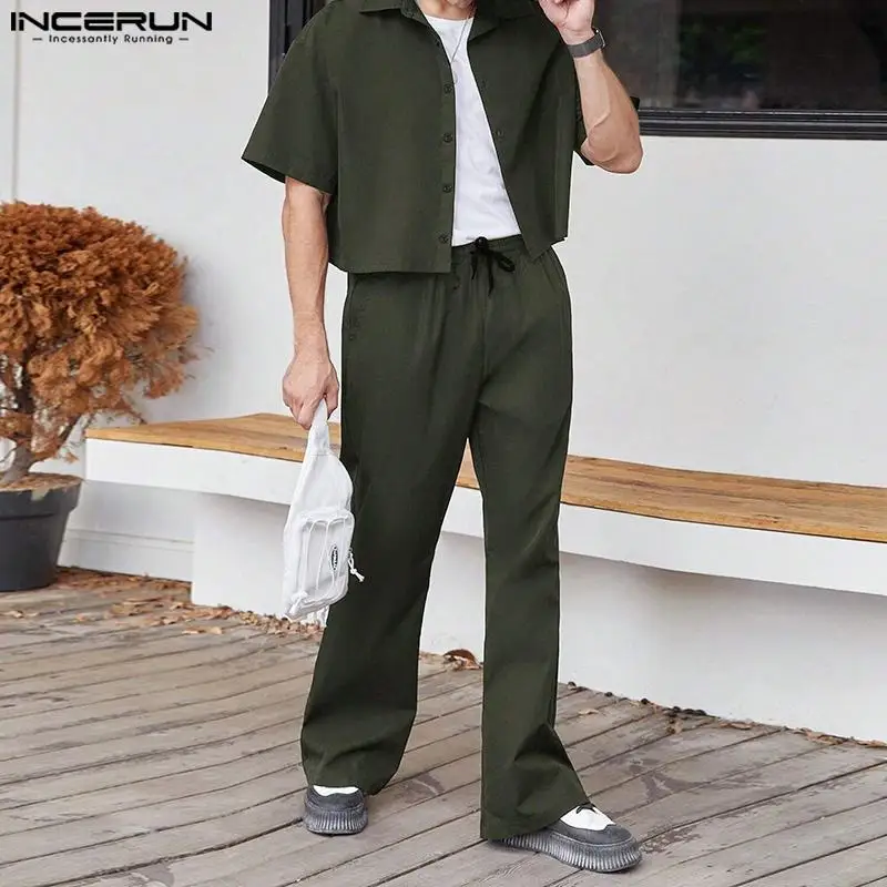 2024 Men Sets Solid Color Streetwear Lapel Short Sleeve Shirt & Pants Two Pieces Sets Fashion Men\'s Casual Suits S-5XL INCERUN