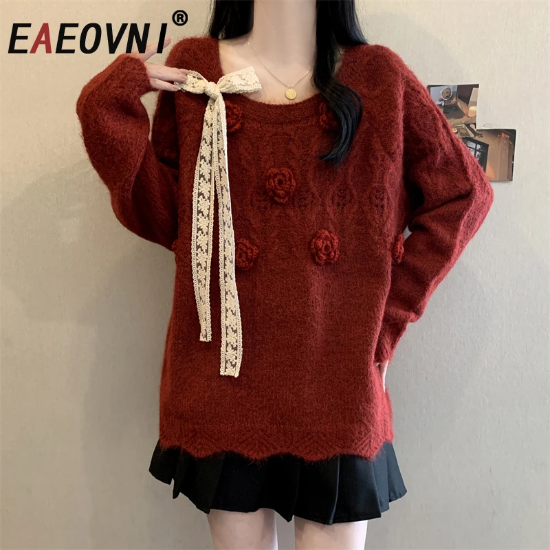 

EAEOVNI Рождественский вязаный свитер, женский повседневный бандажный дизайн, однотонный пуловер с 3D цветочным принтом, модные зимние новые топы