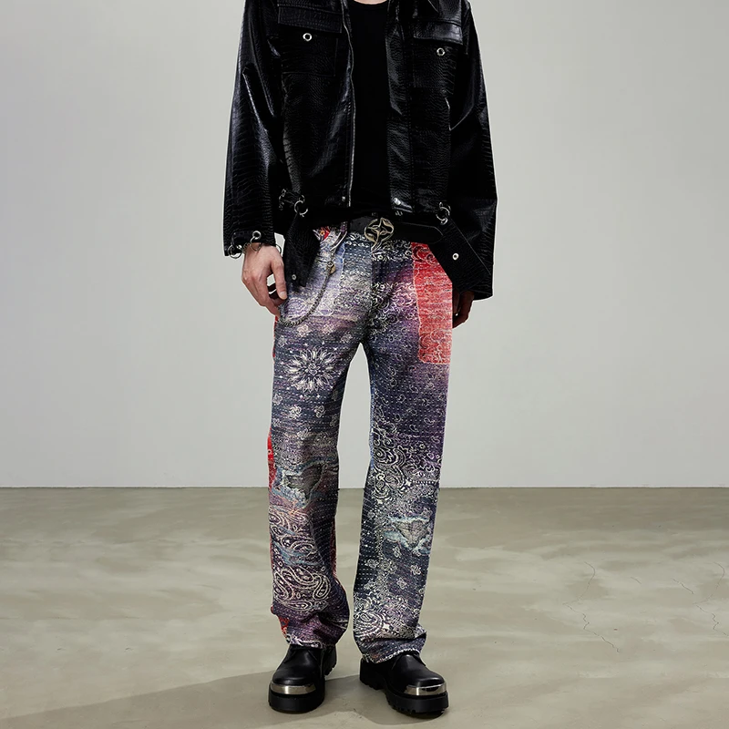 Y2k Vintage Digital Print Cashew Flower Men's Jeans High-end Personalized Design Hip Hop Men's Loose Straight Leg Pants