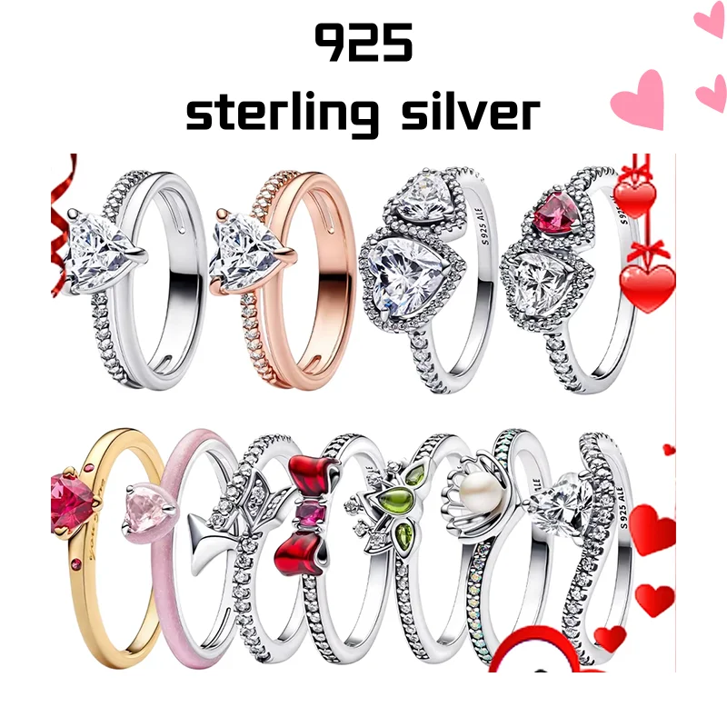 925 Sterling Silver Sparkling Pink Bow Ring For Women Wedding Party Fine Jewelry