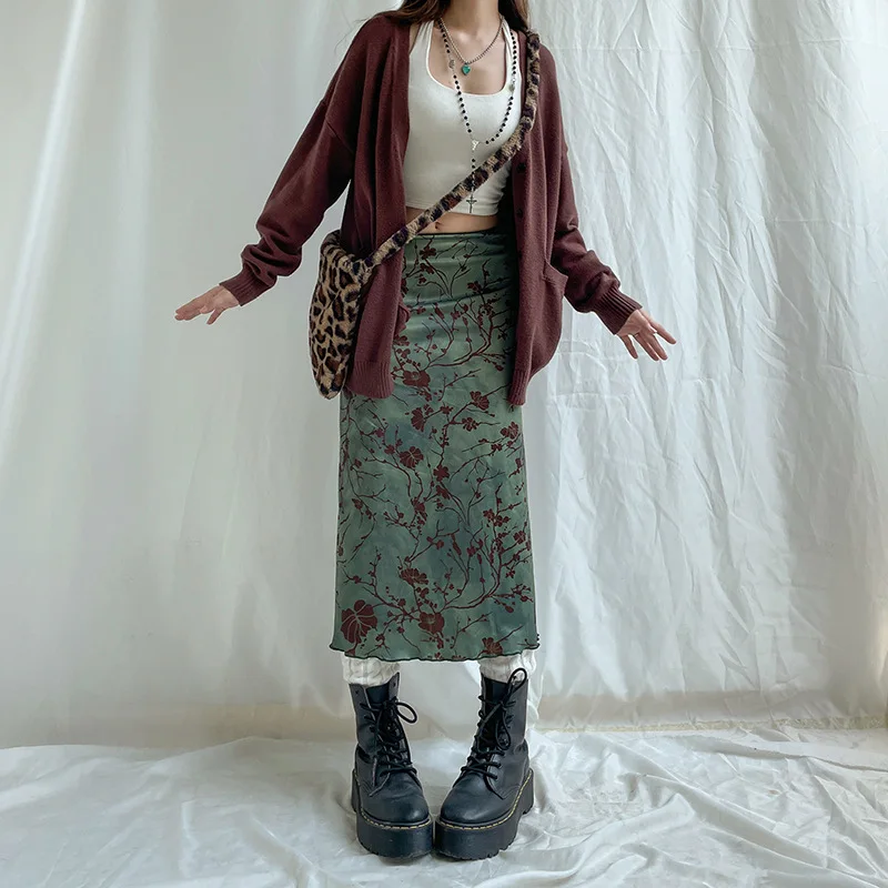 Chinese style literary retro printed straight mid-length skirt high waist lake green girl white versatile elegant skirt