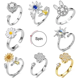 Titanium Stainless Steel Ring For Women Rotate Rotating Anxiety Fidget Adjustable Rings Silver Color Jewelry Lovely Flower Bee