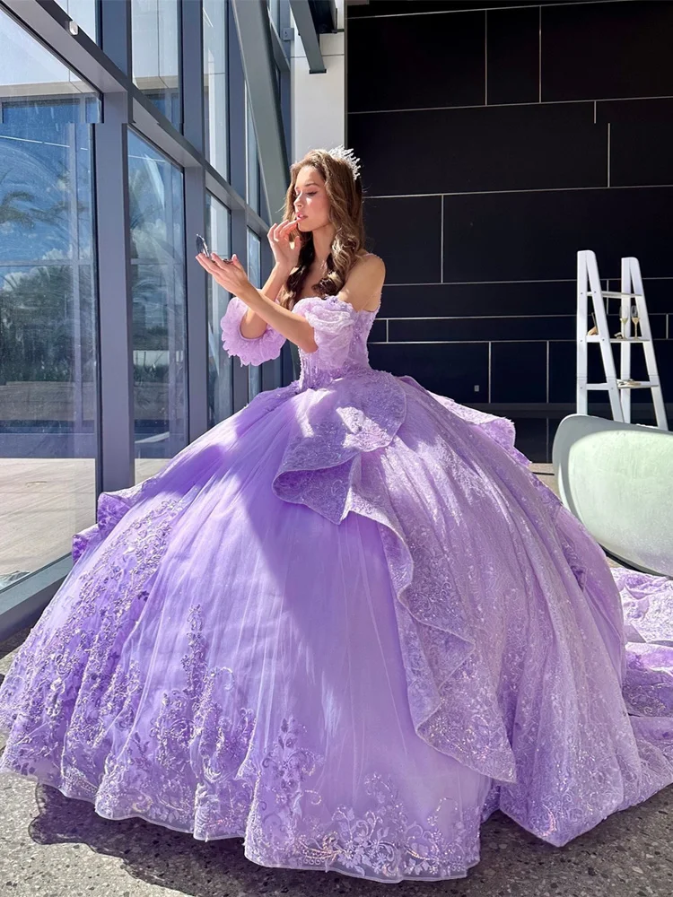 Purple Mexican Vestidos De 15 Quinceañera 3D Flower Sweetheart Layers Applique Ball Gown Sweet 15 16 Birthday Quinceanera Dress