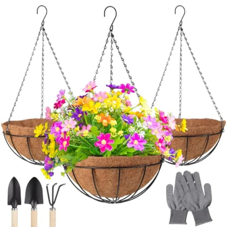 

3 упаковки 12-дюймовых подвесных корзин для растений на открытом воздухе в помещении с металлическим каркасом, подкладкой из кокосового волокна, регулируемыми цепями и потолками